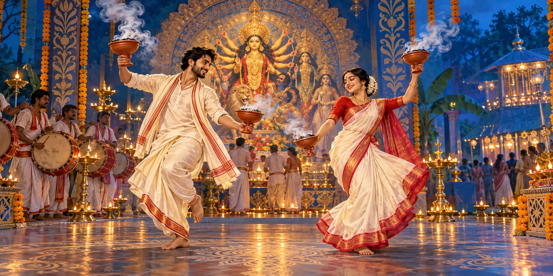 Bengali man and woman in traditional attire performing dhunuchi dance with incense burners
